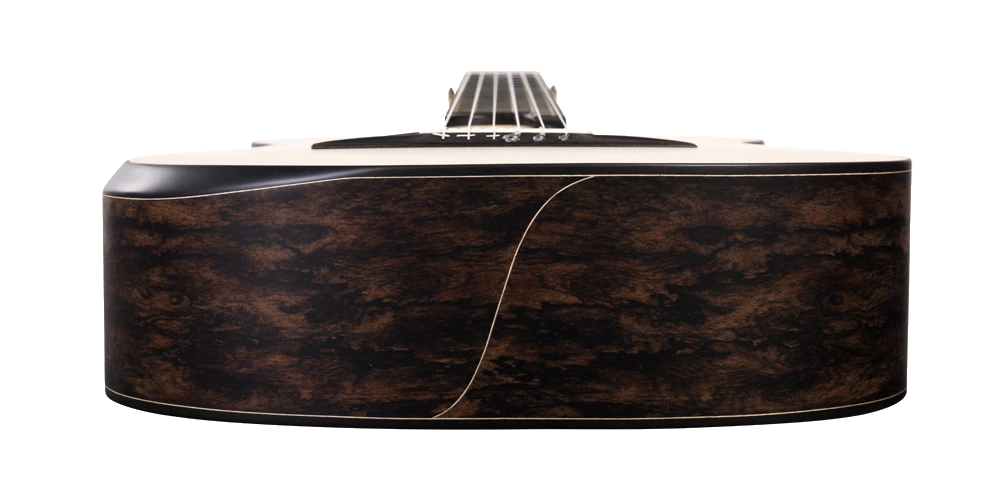S-shaped join visible at the tail of a figured-wood guitar body