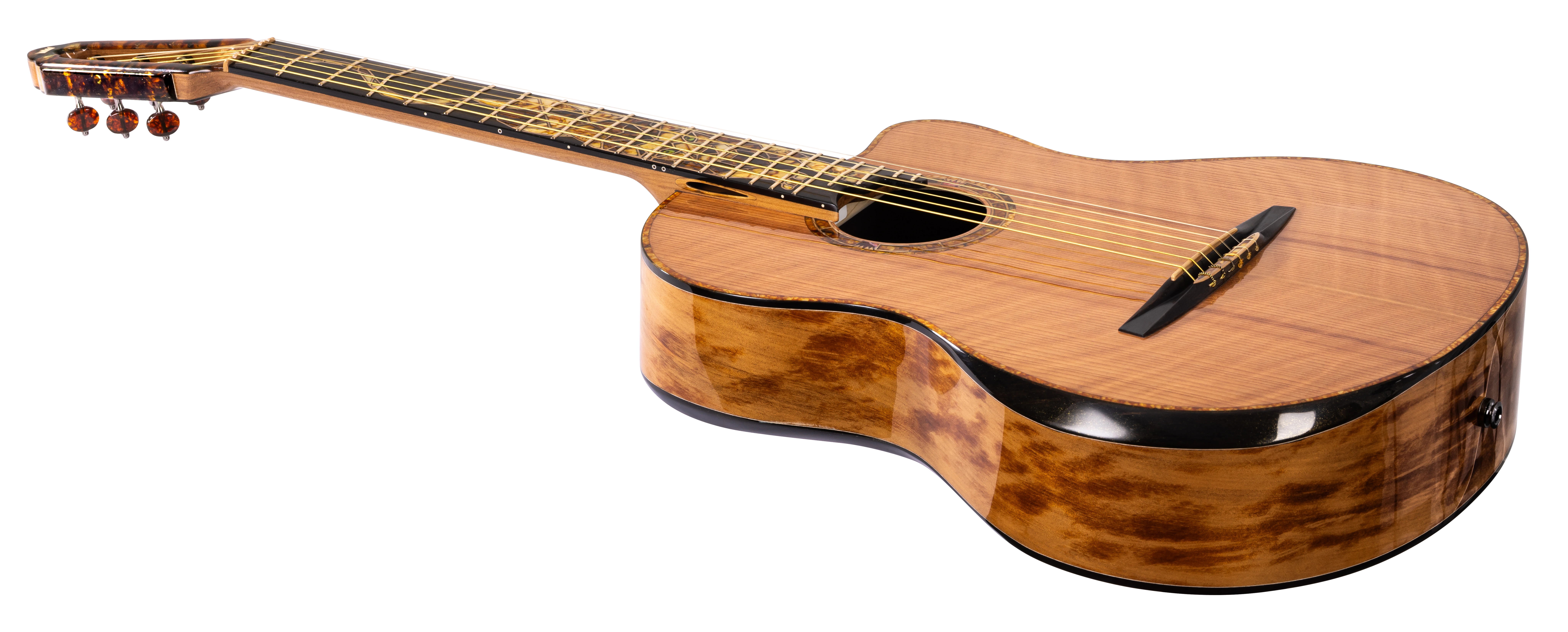 Close-up of the semi-scalloped nut on Turkowiak Emerald Tiger crossover guitar No. 767