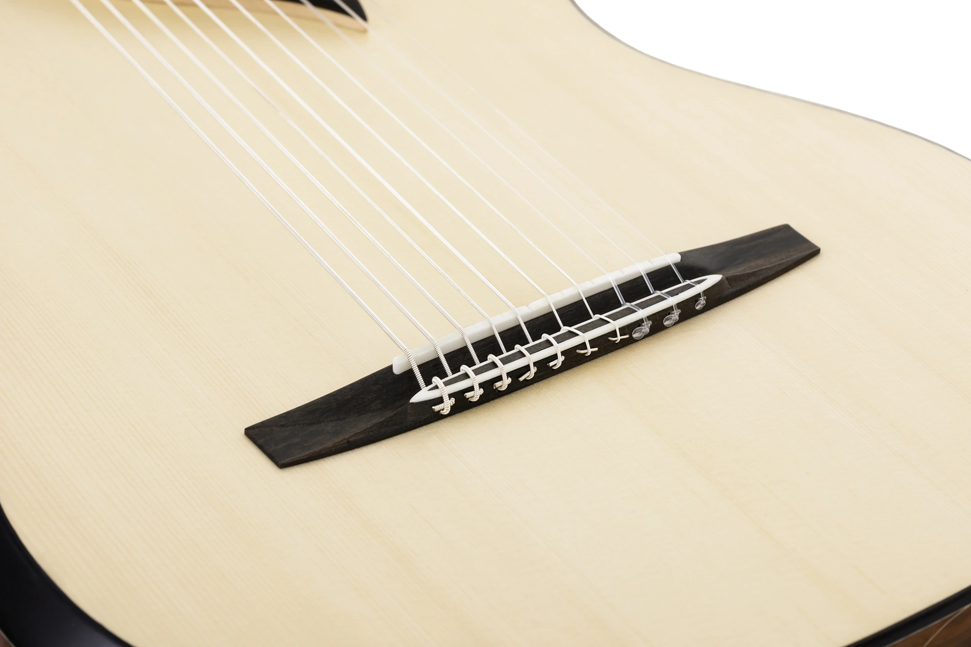 Ten-string bridge and soundboard detail on Turkowiak classical guitar No. 506
